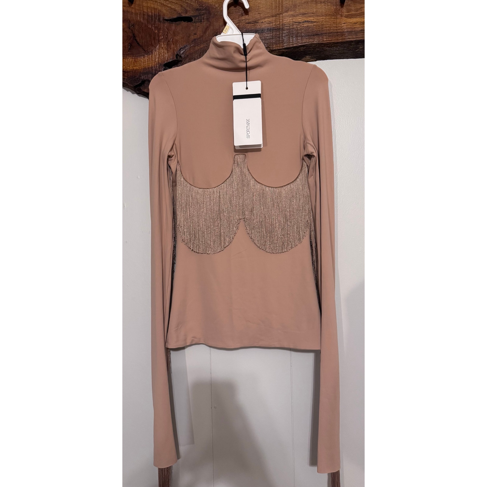 Nwt Max Mara Sportmax Nude Pink Fringe Bodycon Turtleneck Long Sleeve Top Size S